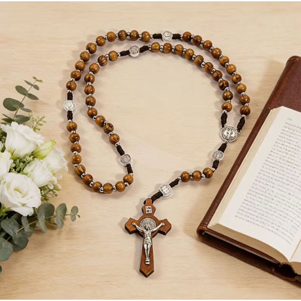 Wooden St. Benedict Rosary Beads Necklace | Car Rearview Mirror Rosary Catholic